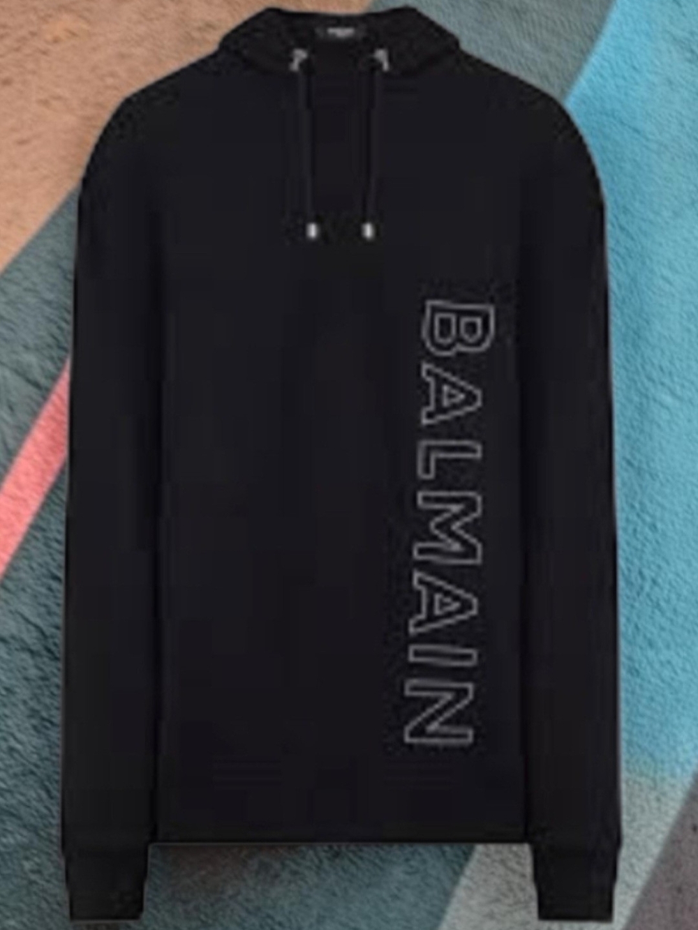Balmain Paris Black Vertical Logo Pullover Hoodie Size Large